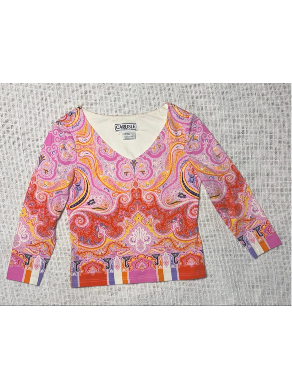 Vintage Carlisle Colorful Paisley V-Neck Knit Long Sleeve Cotton Blend Top SZ 2 - Picture 2 of 6